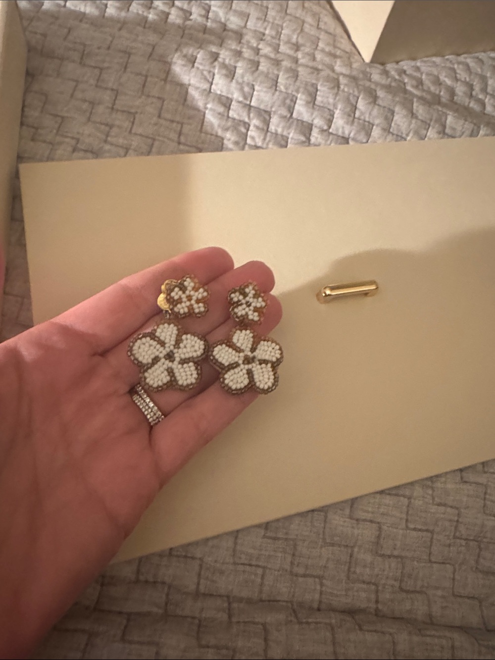 White Beaded Flower Drop Earrings - Gold Accent